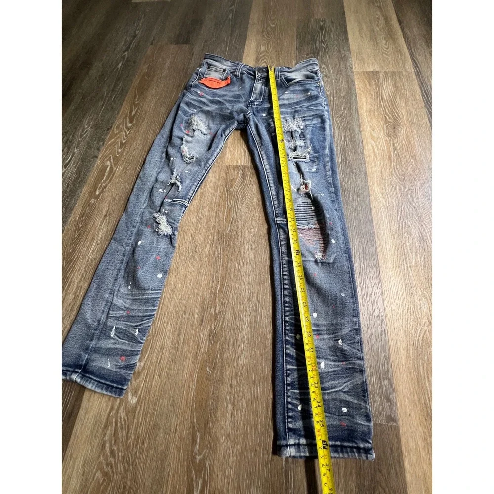 LR Scoop Distressed Jeans Mens‎ 32x30 Blue Good Paint Splatter Moto Ripped Denim